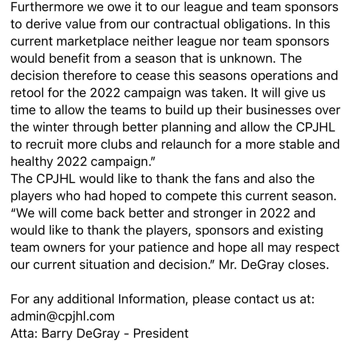 A statement from the #CPJHL on the 2021-22 season: