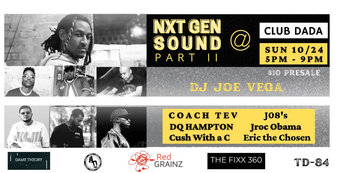 therjp360's tweet photo. Sun 10/24 5pm-9pm at @ClubDadaDFW I'll be hosting NXT GEN SOUND - II. The line-up top to bottom features some of the best Hip Hop talent DFW has to offer. @coachtev @JRocObama15 DQ Hampton, @cushwithac_ @ericthechosen @PRODUCEDBYJ08s and @joeveganue
#nxtgensound #dfwhiphop https://t.co/647Tu6WNIe