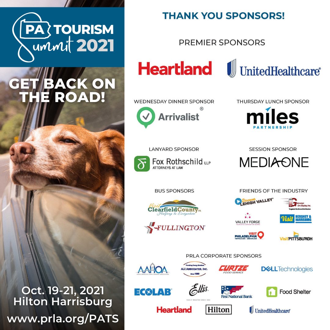 prlaorg's tweet photo. We're excited to welcome #travel &amp; #tourism professionals from across PA to Harrisburg for the 2021 #PATourismSummit, Oct. 19-21. Many thanks to our sponsors for supporting this year's event. Check out the full schedule of events &amp; register at https://t.co/IpPTzgAtF4. https://t.co/JpBLaGwmF2