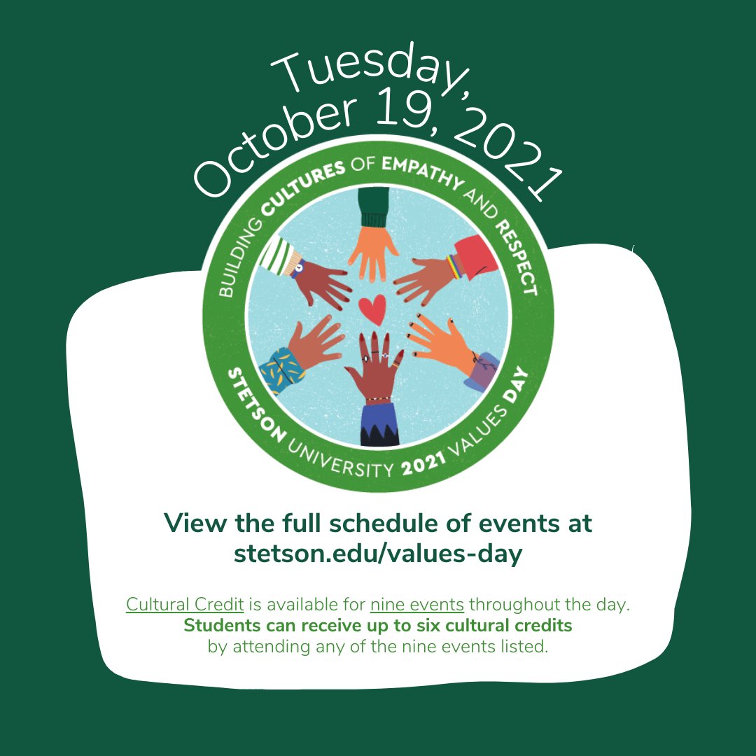 StetsonU's tweet photo. Tomorrow is Values Day! Register by today (10/18) at 5:30pm. Students can earn up to 6 Cultural Credits, as well as receive free Values Day swag and Schmancy Ice Cream Pops.

More: https://t.co/zjy3Jh0Akj https://t.co/W9HH6waZAU