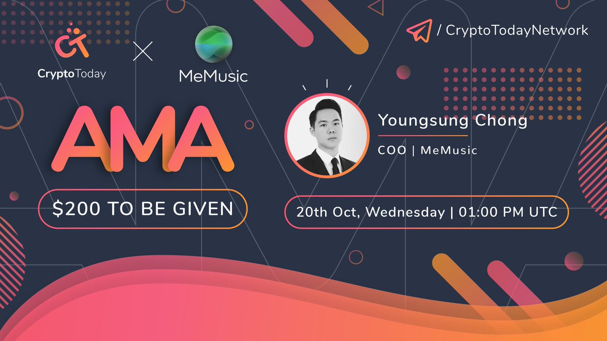 whale_decent's tweet photo. CryptoTodayNetwork will hold an AMA session with @MeMusicNews on 20th October at 1:00 PM UTC on https://t.co/UWnRbad2RU 🎉

Rewards - $200 USDT 💰 

✨ Follow - 
@MeMusicNews
@CryptoTodayNet

Like, Retweet, Tag your friends &amp; comment your question below 👇 https://t.co/oElXMUZjTW
