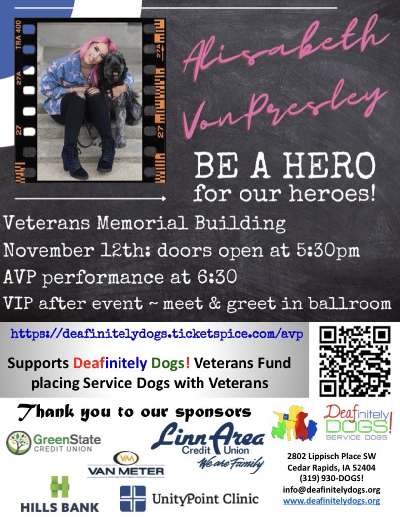 DeafinitelyDogs's tweet photo. Support veterans being placed with their service dogs by attending Alisabeth Von Presley’s concert at the Veterans Memorial Building on Friday, November 12th.  

Get your tickets now: https://t.co/G9AS7K9pX7 https://t.co/44cfMsW50x