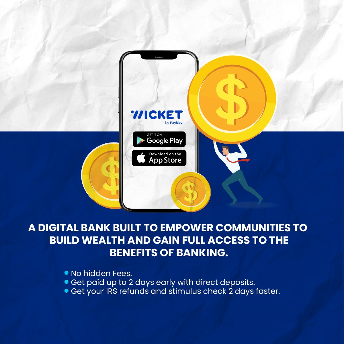 The Wicket App provides you with services to strengthen your financial profile to build wealth and gain full access to the benefits of banking! 

Visit hubs.li/H0Zzqtr0 today to learn more about our services! 

Download the app today!

#wicket #wicketbanking #paybby