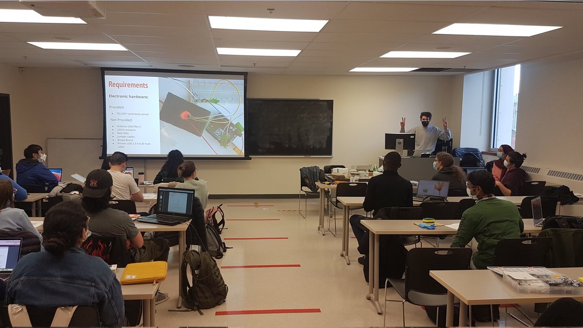 shihlab's tweet photo. Happening now. PhD candidates James and @Fatemeh_EngBio teaching on how to build a #DIY OD sensor in the #synbio #microfluidics course @Concordia #OpenSource #opticaldensity #absorbance @GinaCodySchool https://t.co/VJWh5Je8dj