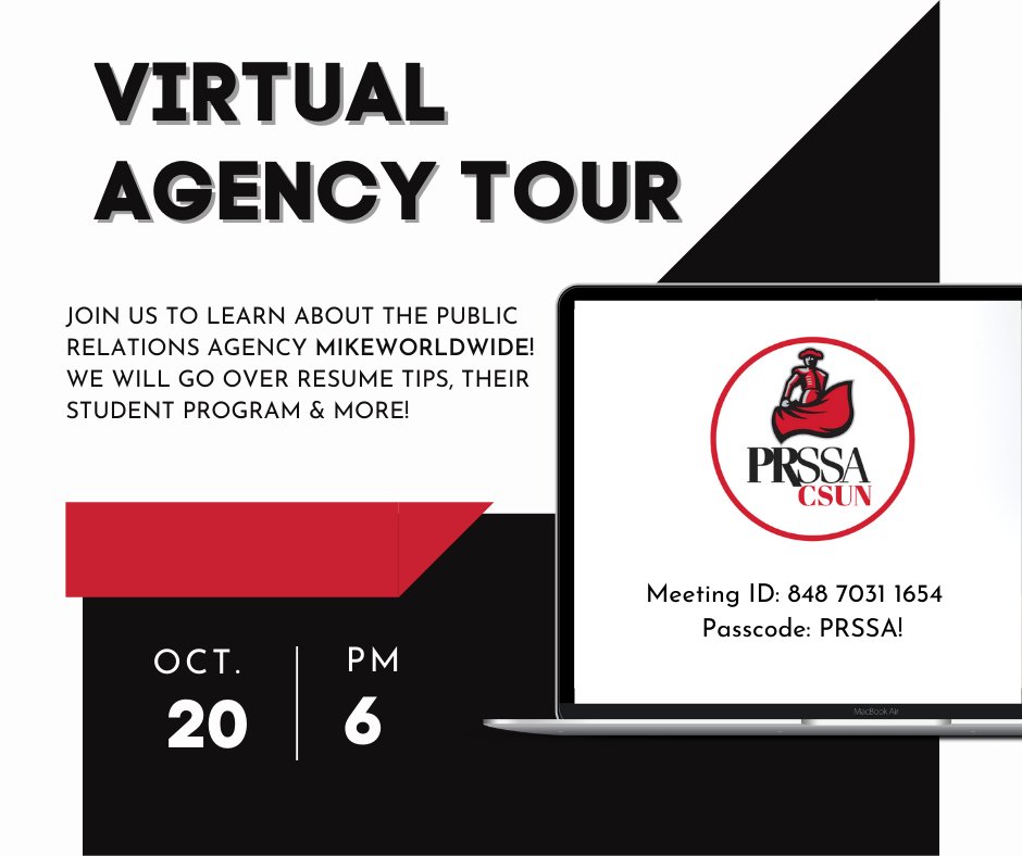 CSUNPRSSA's tweet photo. Join us this Wednesday at 6pm for an agency tour with the public relations firm MikeWorldWide! They work with a diverse group of clients ranging from many industries including tech, sports, entertainment, and many more! You won't want to miss this one!🤗📚
#CSUNPrssa #PRAgency https://t.co/t4IYaNorHx