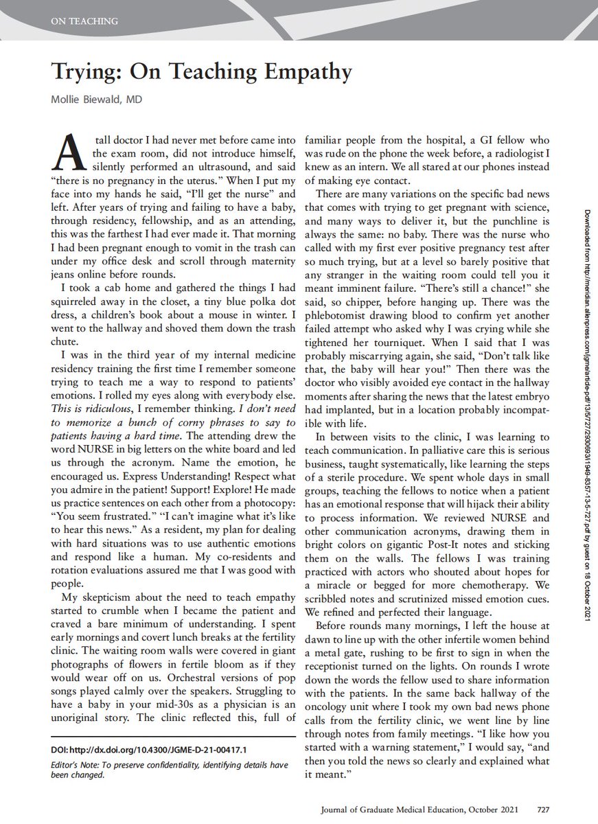 ssfarouk's tweet photo. So proud of my friend &amp; #PalliativeCare educator @MollieBiewaldMD for bravely sharing her story

"My skepticism about the need to teach empathy
started to crumble when I became the patient &amp;
craved a bare minimum of understanding." 

https://t.co/1AYiG6DtIK 

#MedEd @JournalofGME https://t.co/v86ozWrqY8