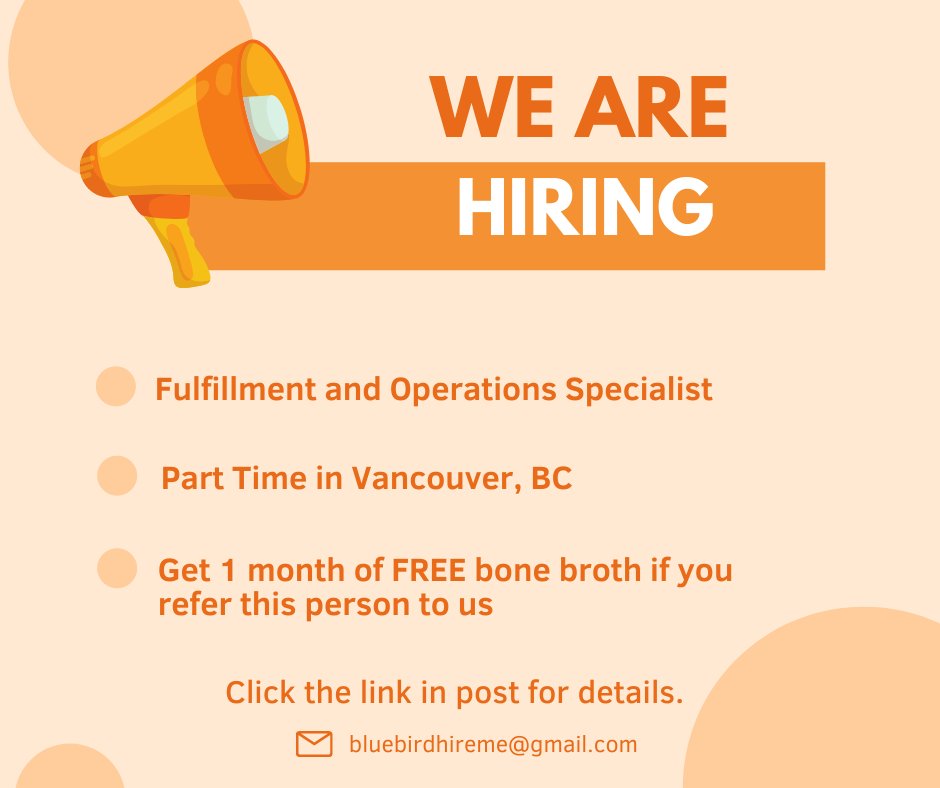 ConnorMeaks's tweet image. My company @PureBoneBroth is hiring!

Get 1 month FREE bone broth if you refer this person.

We're looking for a fulfillment + operations coordinator to join our team in Vancouver.

Please share with any friends or family in Vancouver!

Details: bluebirdprovisions.co/blogs/news/wer…