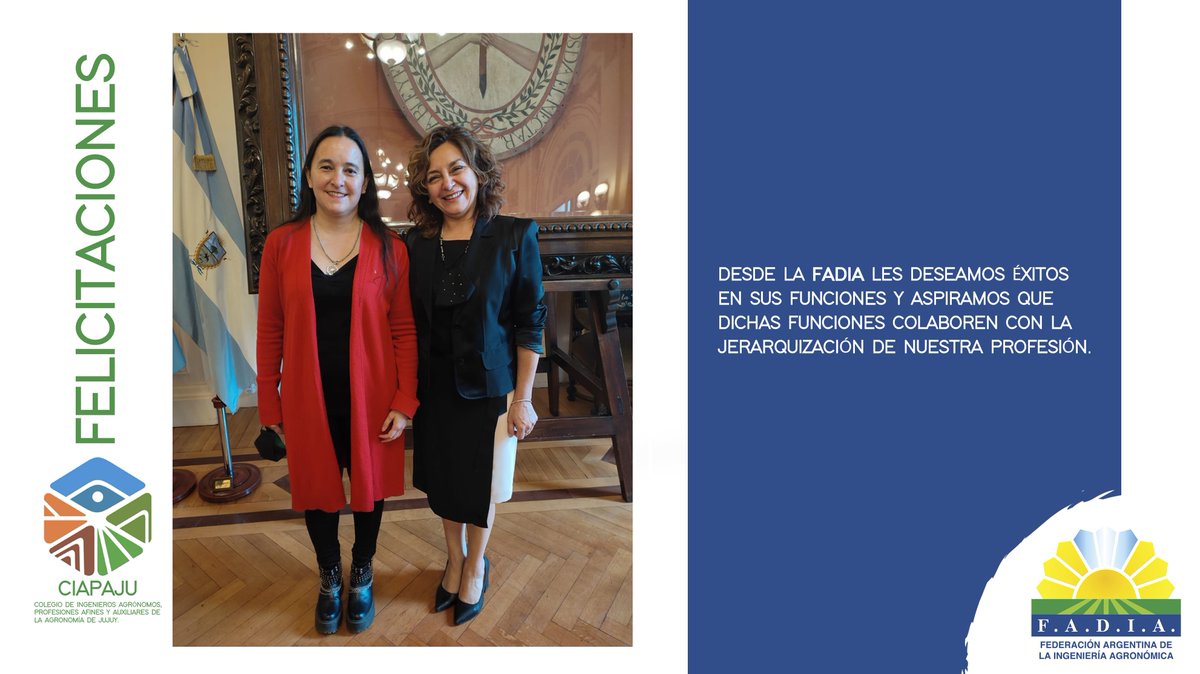 PrensaFADIA's tweet photo. Felicitamos a las colegas Verónica Sato y Miriam Serrano por las designaciones al frente de la Secretaría de Vitivinicultura y de la Secretaria Ejecutiva de la Agencia Ciencia y Tecnología, respectivamente, del Gobierno de #Jujuy
#FADIA #ingenierasagronomas #agronomas #agronomia https://t.co/DpguqraCXw