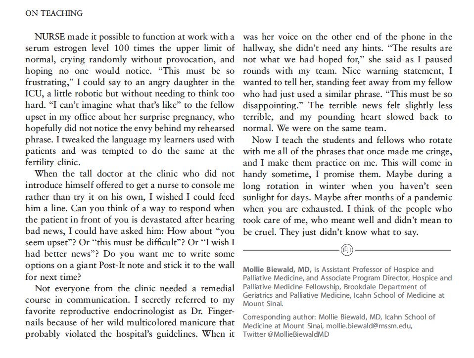 ssfarouk's tweet photo. So proud of my friend &amp; #PalliativeCare educator @MollieBiewaldMD for bravely sharing her story

"My skepticism about the need to teach empathy
started to crumble when I became the patient &amp;
craved a bare minimum of understanding." 

https://t.co/1AYiG6DtIK 

#MedEd @JournalofGME https://t.co/v86ozWrqY8
