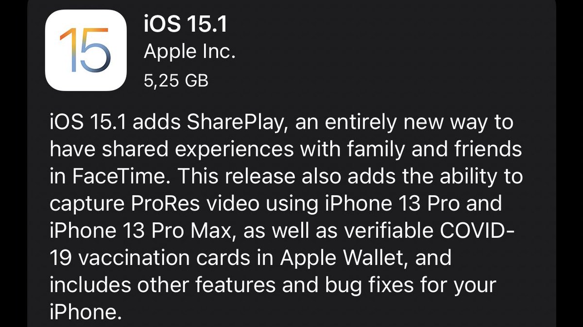 9techeleven's tweet photo. Apple Releases iOS 15.1 RC. 
Public release arrives next week.

New Features:
• SharePlay
• ProRes Video on the iPhone 13 Pro and Pro Max 
• Vaccination Cards in Apple Wallet 
• Auto Macro-Mode switch on/off Toggle

#iOS151 #iPadOS151 https://t.co/GabFloM0A4