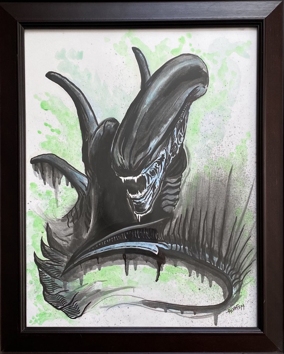 Alva_Foxx's tweet photo. A gift for a client! Little multimedia experiment made with oil paint, watercolor, and ink. #fanart #art #Aliens #watercolor #oil #ink https://t.co/5HoYHgLxtN