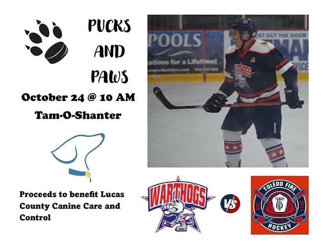 It’s hockey season! Join us on Oct 24th &amp; watch the Toledo Fire hockey team and the Wood Cty FOP Warthog hockey team battle it out @ Tam-o-Shanter Proceeds from ticket sales benefit the <a href="/FriendsofLCDogs/">Friends of Lucas County Dogs</a> &amp; their mission to support the dogs of Lucas Cty. It’s sure to be a fun time!