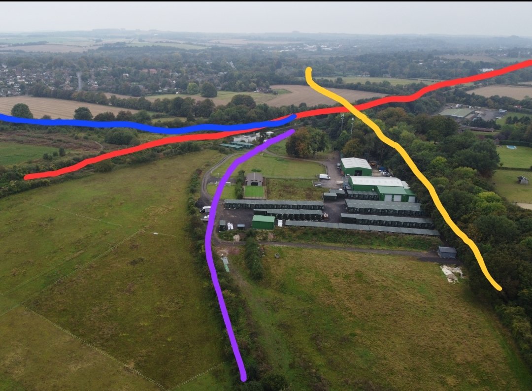 PaulWhitewick's tweet photo. Red: Active LSWR (@SW_Help) line built 1839

Blue: Mid Hants Line @Watercress_Line built 1865

Orange: Didcot  Newbury and Southampton Railway. Built C. 1882. Run by @GWRHelp

Purple: Post grouping link from DNSR to LSWR. https://t.co/bqRDVgLcqg