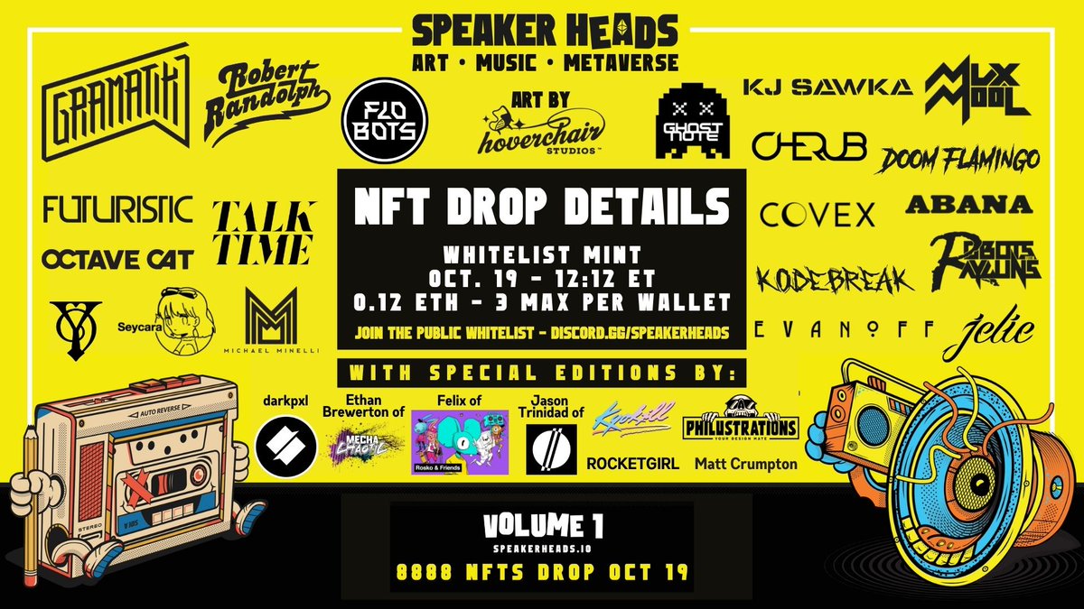 My 1st Music NFT project drops 10/19 with <a href="/SpeakerHeadsNFT/">SpeakerHeads</a> @ 12:12pm ET! 

I’m so proud of this project. It has been a lot of work and a lot of fun. I hope you join me on this journey into web3.

discord.gg/speakerheads

#MusicNFT #FutureOfMusic #NFTogether #NFTdrop #NFTcollector