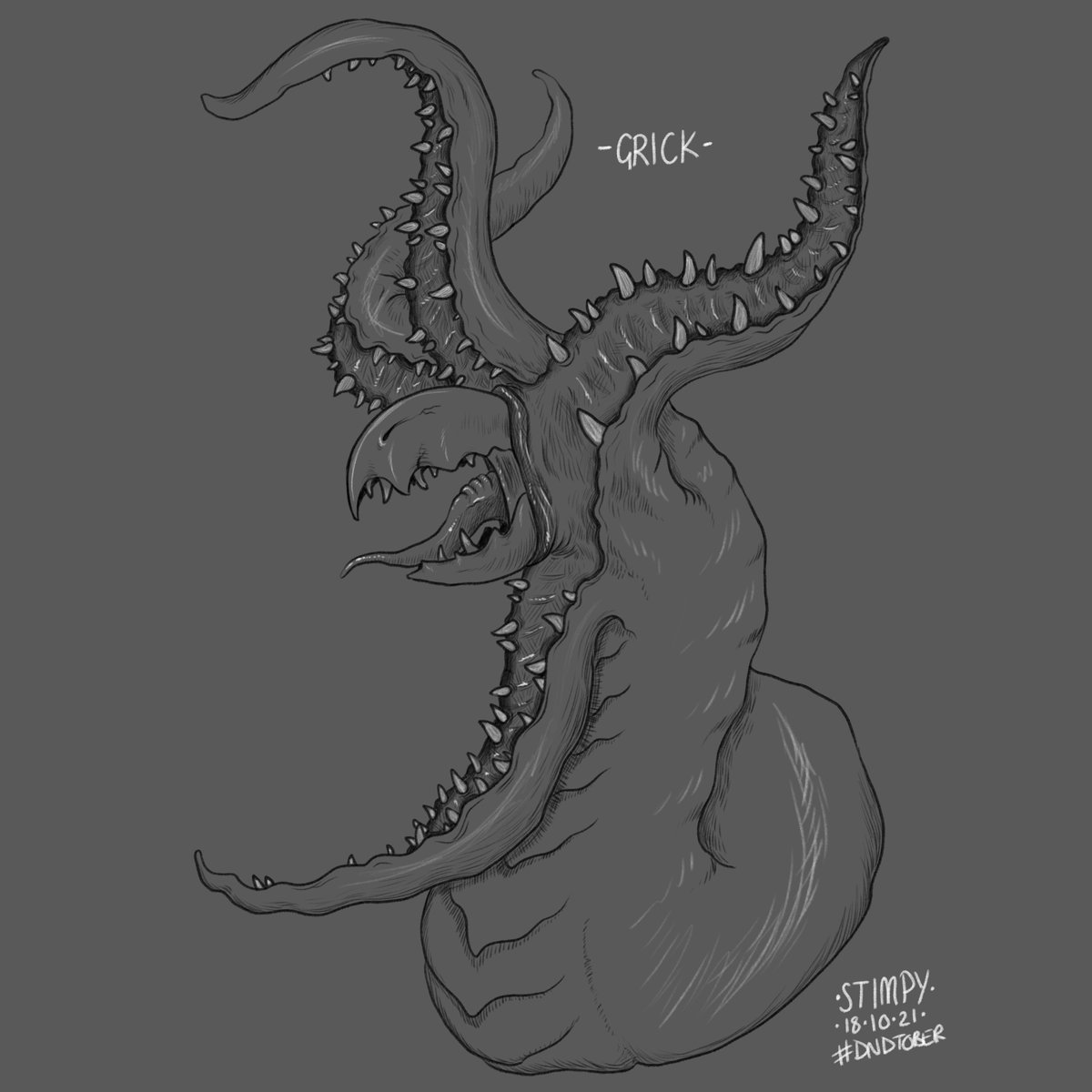 stimpydraws's tweet photo. Day 18, Grick. I planned on these being quick drawings but they're getting longer and longer ~

@escuelitaderol #dndtober #drawescuelita #drawtober #drawtover2021 https://t.co/bLPjXt3BZI