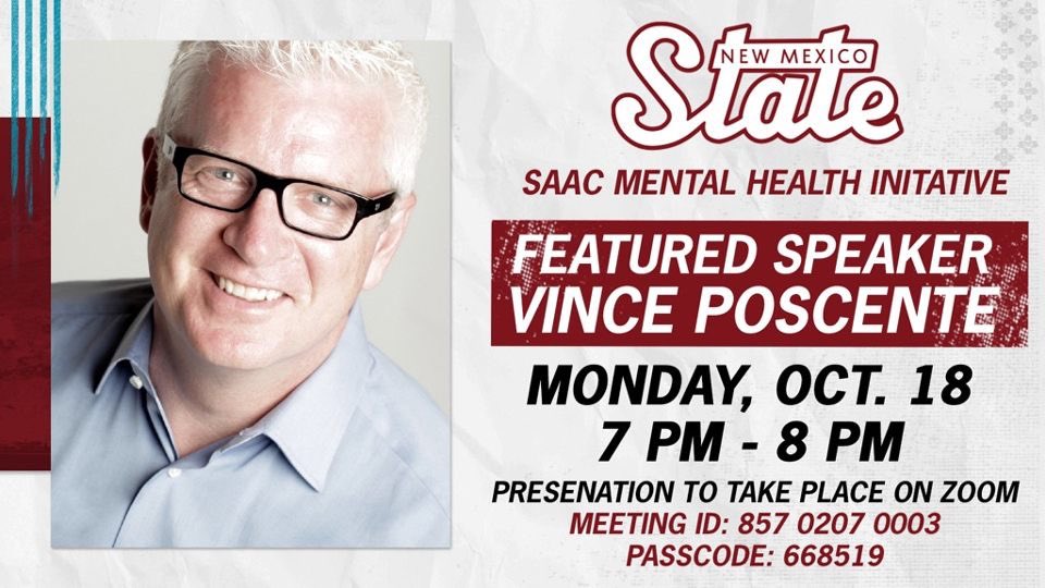 NMStateSAAC's tweet photo. REMINDER: Hop on Zoom tonight @ 7pm to listen, ask question, and discuss mental health in sports with Vince Poscente! 

Meeting ID: 857 0207 0003
Password: 668519 https://t.co/oE155kH8Rj