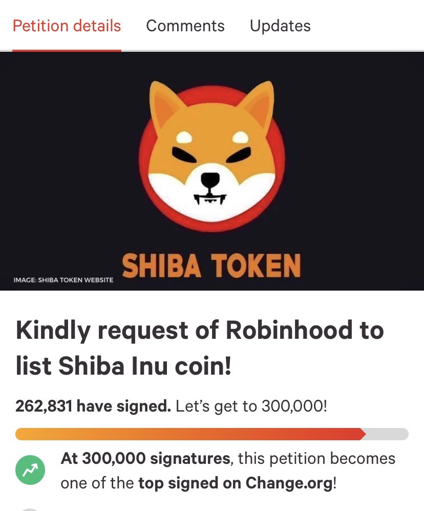 crypt0brothers's tweet photo. $SHIB has less than 40k signatures to go on it’s hopeful quest to be listed on robinhood. 

#ROBINHOODLISTSHIB 🚀 

#Crypto #token #cryptocurrencies #ShibaCoin #shibainutoken #shibainu https://t.co/6iWSB7Cl0i