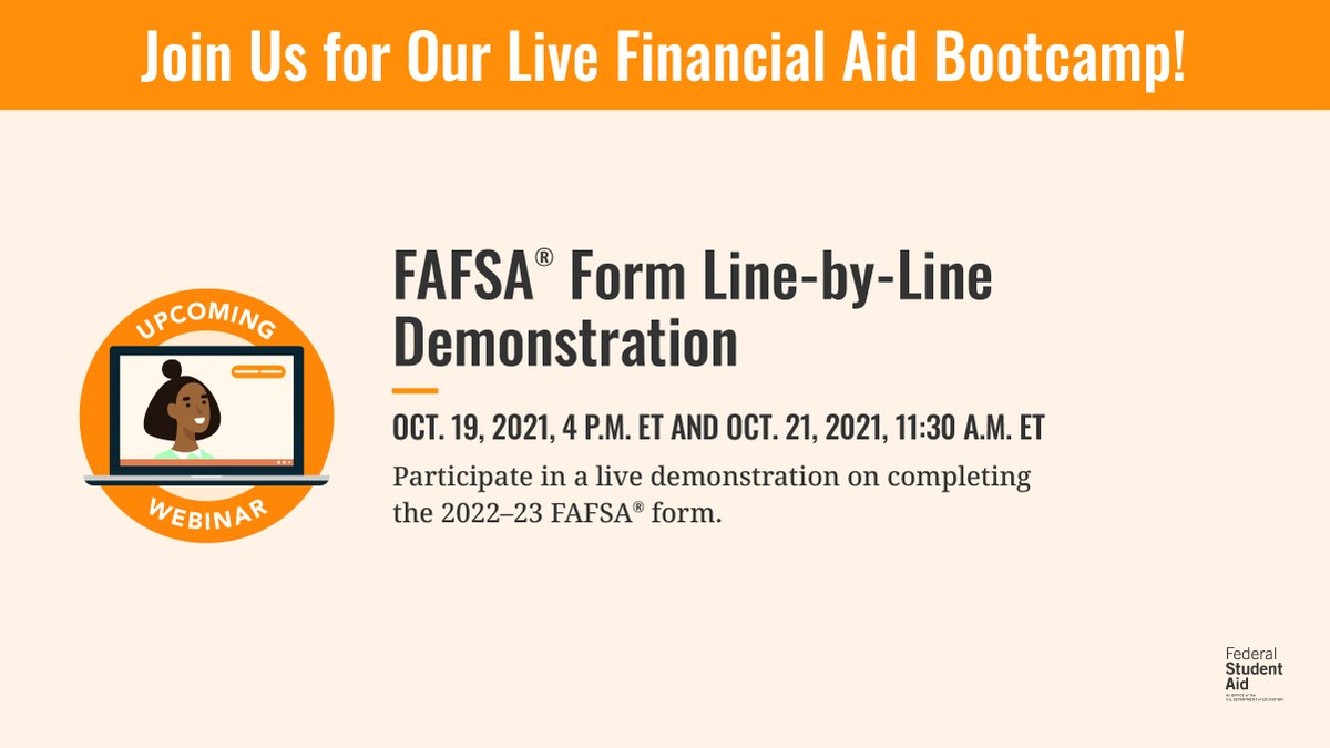 FAFSA's tweet photo. 📣 Ready to get into financial aid shape? 
Our financial aid bootcamp is back with four sessions to help you with your financial aid journey. Register today at https://t.co/BV9wwPw3YO https://t.co/lpjbIXRDEt