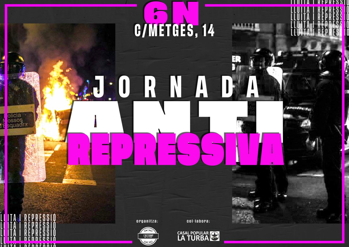 ➡️ Aquests dies farà dos anys que van detenir en Joan i  en Genís. Com tants d'altres joves, van ser detinguts de forma aleatòria i il·legal.
✊ Per tal de conèixer les diverses realitats dels encausats us animem a venir l'acte del dia 6 de novembre.
🧐 En breus, + informació.