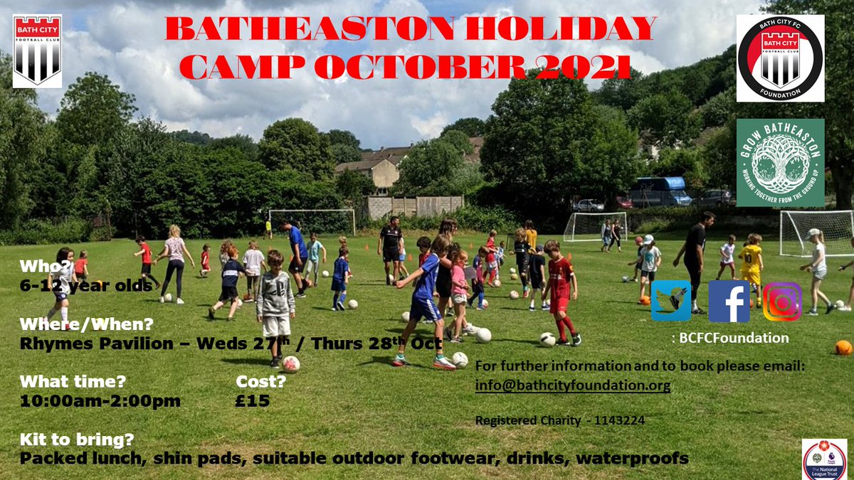 Our holiday camp at Batheaston is back in October half term for 2 days.For more information or to book your place e-mail us at info@bathcityfoundation.org <a href="/growbatheaston/">@GrowBatheaston</a>