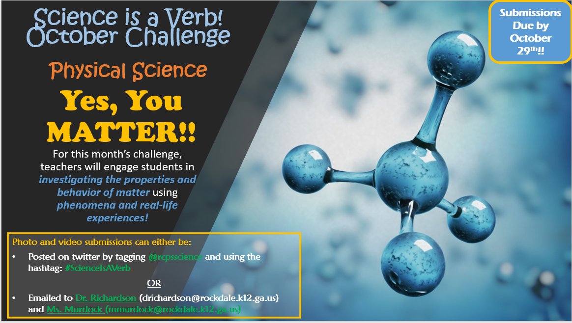 RCPSScience's tweet photo. 🗣Attention HS Science Teachers: Our #ScienceIsAVerb Teacher of the Month Challenge is LIVE for October! See flyers for info on how to make your themed submissions by November 1st! Sept. Winners will be announced soon! #WorldClassScience @RockdaleSchools @OattsTerry @RCPSCAO https://t.co/5hfnY4WXhq
