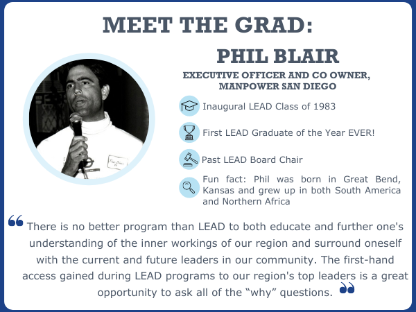 LEADSanDiego's tweet photo. #MeettheLEADGrad: Phil Blairπ While you may have worked alongside this vibrant leader, chances are you didn't know this fun fact! Get to know this supporter of all things LEAD β¬οΈ https://t.co/xTA7MfXyIJ