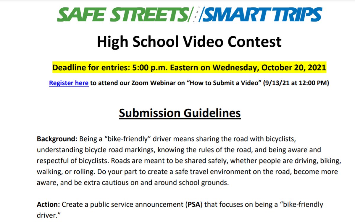 SafeRoutes_MA's tweet photo. ATTN all high school students, staff, and families! The deadline for the #SafeStreetsSmartTrips bike-friendly driver video contest is THIS Wednesday October 20th at 5:00 PM Eastern. Make sure you have checked all video requirements before submitting! https://t.co/tw58KxoNqL https://t.co/NzLE4ErfYi