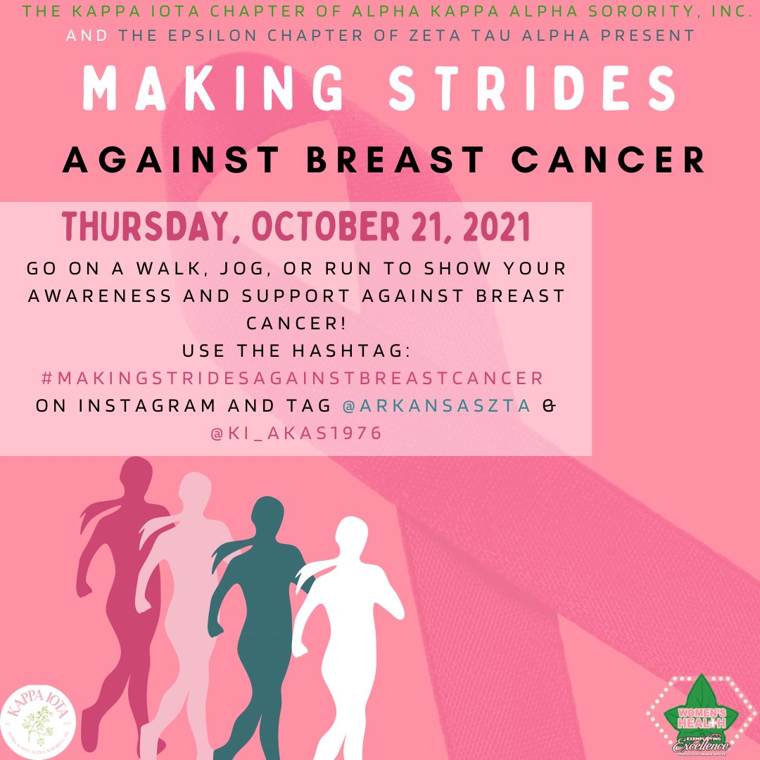 Join KI &amp; ZTA this Thursday for a virtual walk for Breast Cancer Awareness month! To participate, take a photo of you walking and post it to your instagram using the hashtag #MakingStridesAgainstBreastCancer. Be sure to tag @arkansaszta and @ki_akas1976 in your photo! 💖