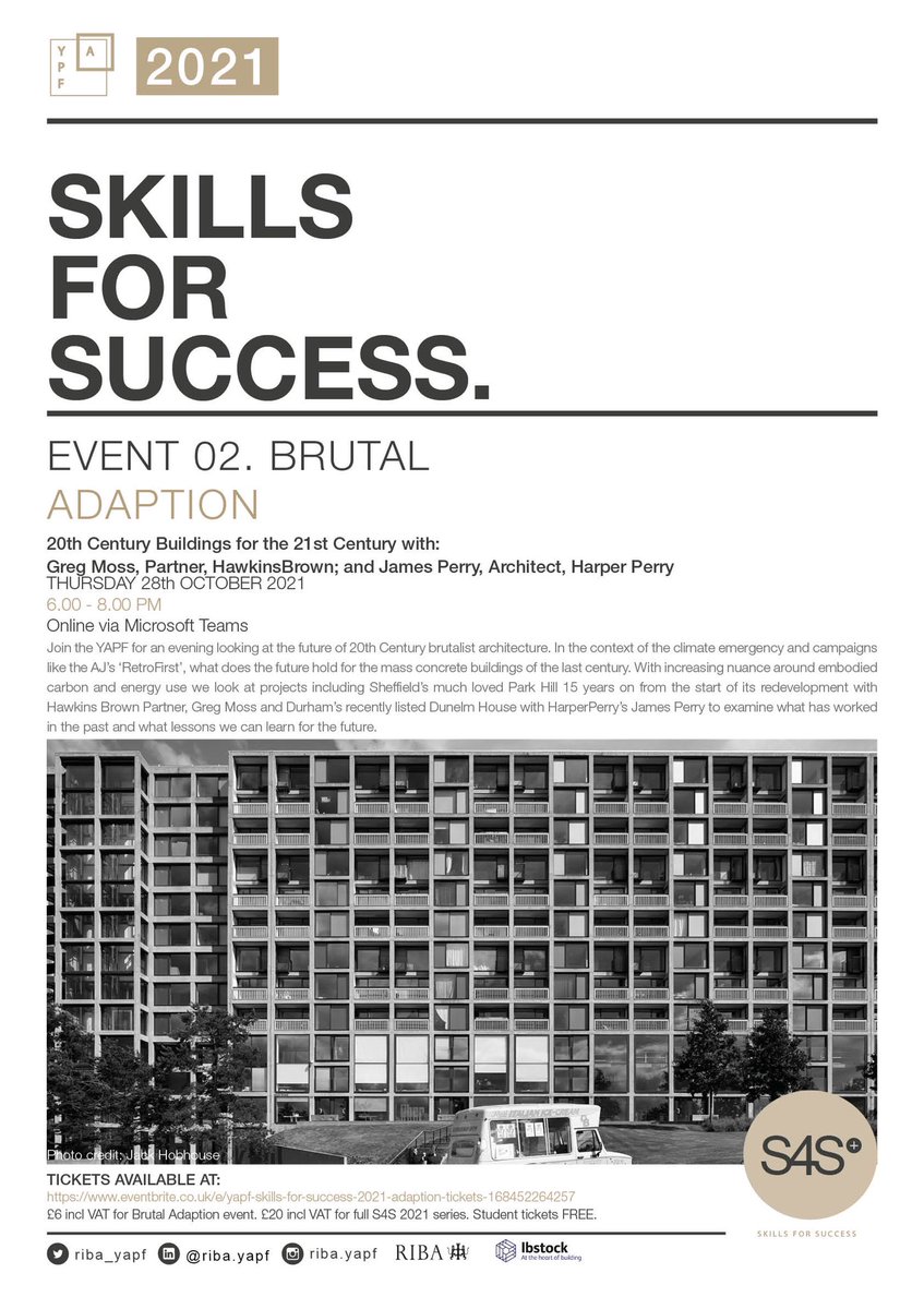 RIBA_YAPF's tweet photo. Skills for Success event 2 announcement 📢 on 28.10.21, we will be joined by Greg Moss from @Hawkins_Brown &amp; @perry_jims of Harper Perry to discuss Brutal Adaption: 20th Century Buildings for the 21st Century. @RIBANorthEast @ibstockbrick https://t.co/mTgm69HbE9