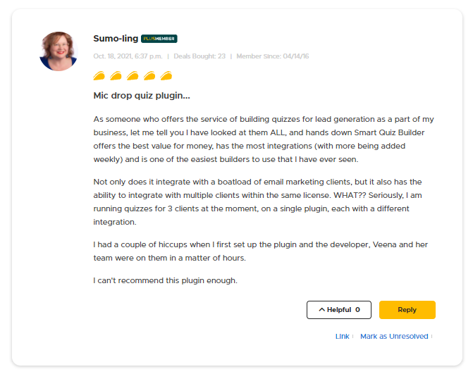 Love the title of this Smart Quiz Builder review :-)
"Mic drop quiz plugin..."