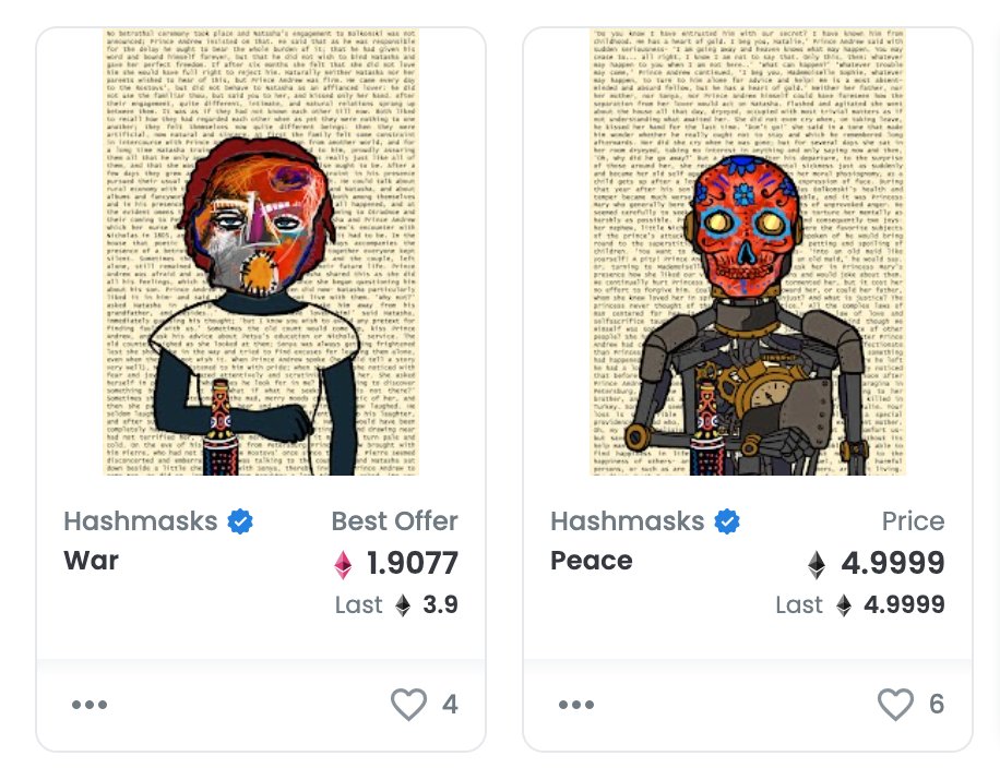 Happy to have reunited one of the OG iconic <a href="/TheHashmasks/">Hashmasks</a> pairs.. War &amp; Peace.