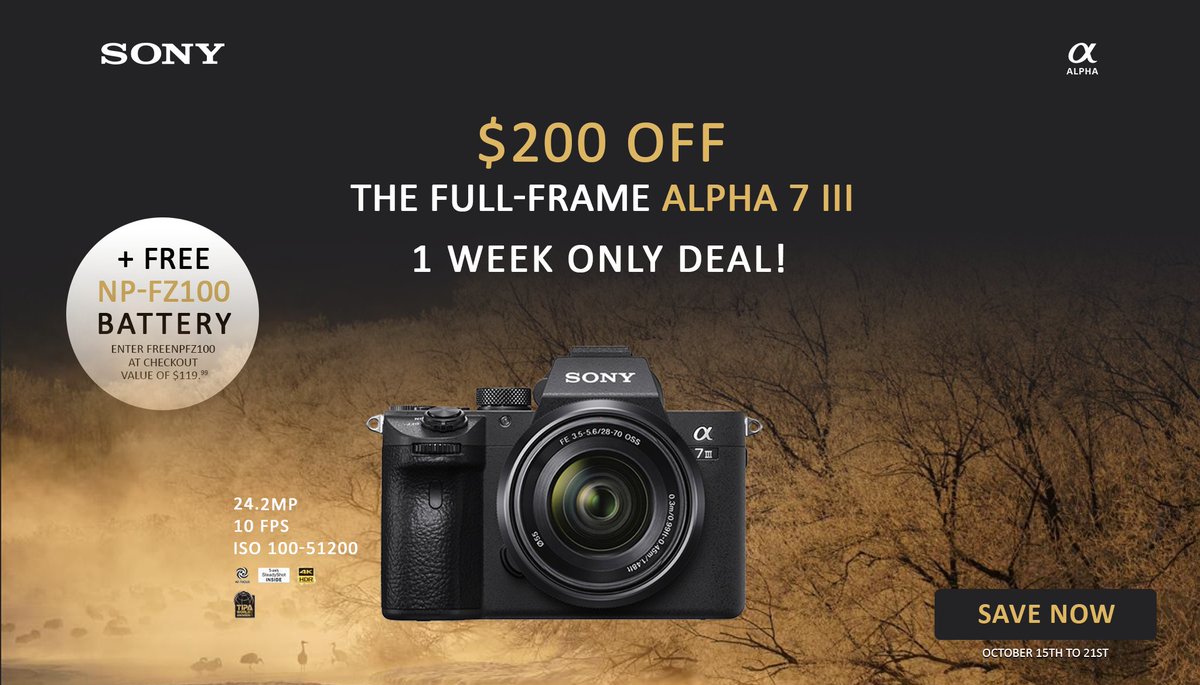 Excellentphoto3's tweet photo. Get the best performances for the best price; the Sony Alpha 7 III is $200 off until October 21st, that's Thursday! Upgrade you gear now! → https://t.co/OWmOgU1lyC https://t.co/gch6PWLokg