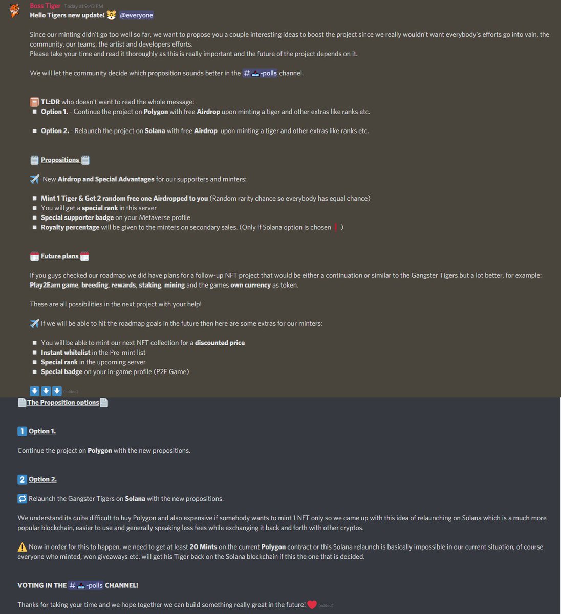 We made a new announcement in our Discord, please read it then join and vote on it as our whole NFT projects future depends on it!⚠️♥️

discord.gg/c7GQhSr79v

#NFT #NFTs #NFTArtist #NFTartists 
#NFTCollector #NFTCollectors
#NFTCommunity #NFTDrop #NFTdrops #PolygonNFTs