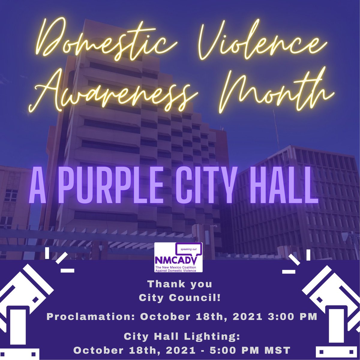 NMCADV's tweet image. City Council DVAM Proclamation at 3:00 PM MST! City Hall will be Purple - Take a photo! Register for upcoming trainings! - mailchi.mp/nmcadv/congrat…