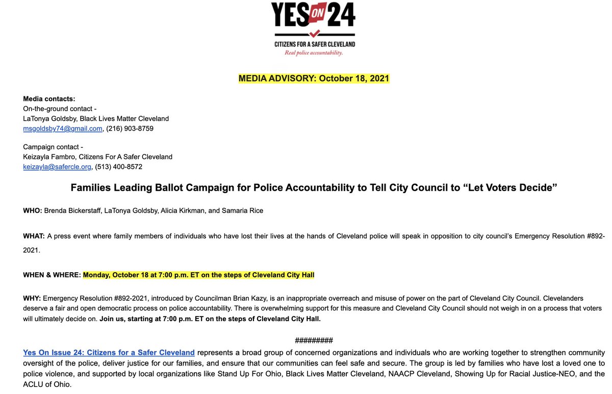 MEDIA ADVISORY: Families Leading Ballot Campaign for Police Accountability to Tell City Council to “Let Voters Decide” 

Tonight at 7pm

#YesOn24 #Issue24 #SaferCLE #216for24