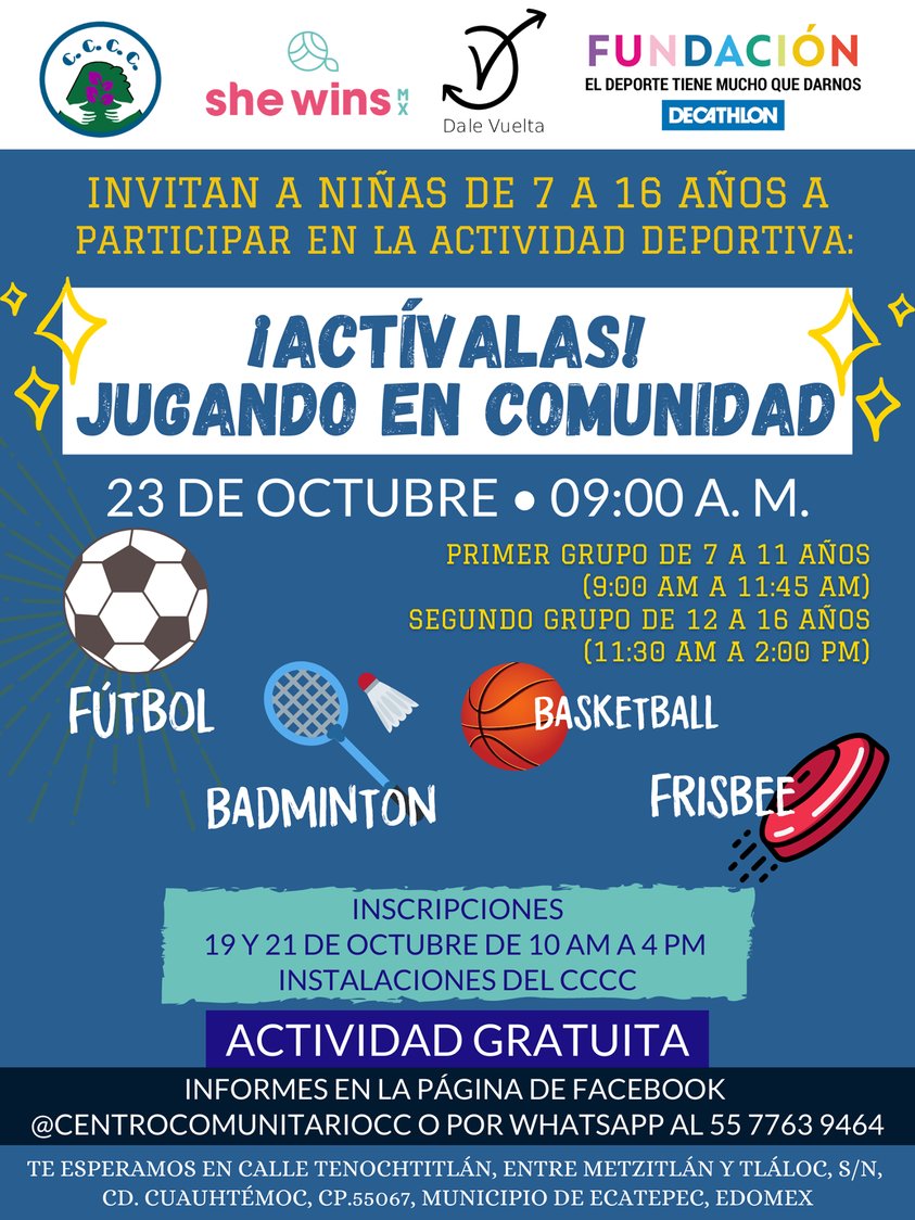 Hola🌻

Seguimos invitando a niñas y adolescentes (mujeres) de 7 a 16 años a inscribirse en #ActívalasJugandoEnComunidad  actividad que se llevará a cabo el 23 de octubre de 9 am a 2 pm dependiendo de la edad. 🙋🏽‍♀️

1.