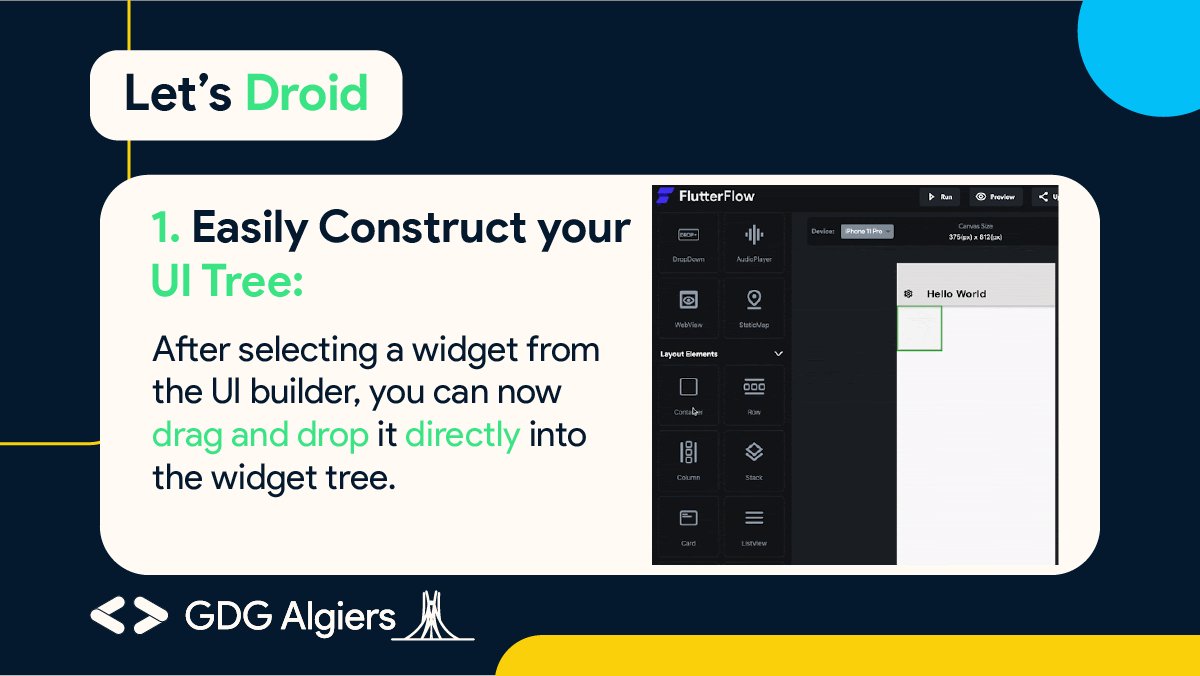 GDG_Algiers's tweet photo. Always with #lets_droid and we will talk this week about #Flutter and exactly #FlutterFlow .π€©
FlutterFlow is your time saver, it is an easy to use #UI builder that helps you to build your #mobileApps without writing #code.π¨βπ»
Enjoy #learning!π
#gdg_Algiers #wtm_Algiers #dev https://t.co/xiivIMCdqP