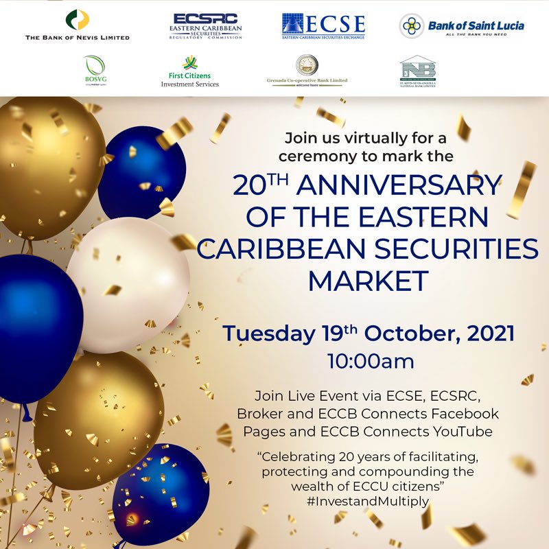 TheECSRC's tweet photo. The Eastern Caribbean Securities Regulatory Commission (ECSRC) celebrates 20 years along with the Eastern Caribbean Securities Market (ECSM). 

Join the ceremony via the following link: 
https://t.co/AvuSSpJP84 https://t.co/3UWFkWcM4D