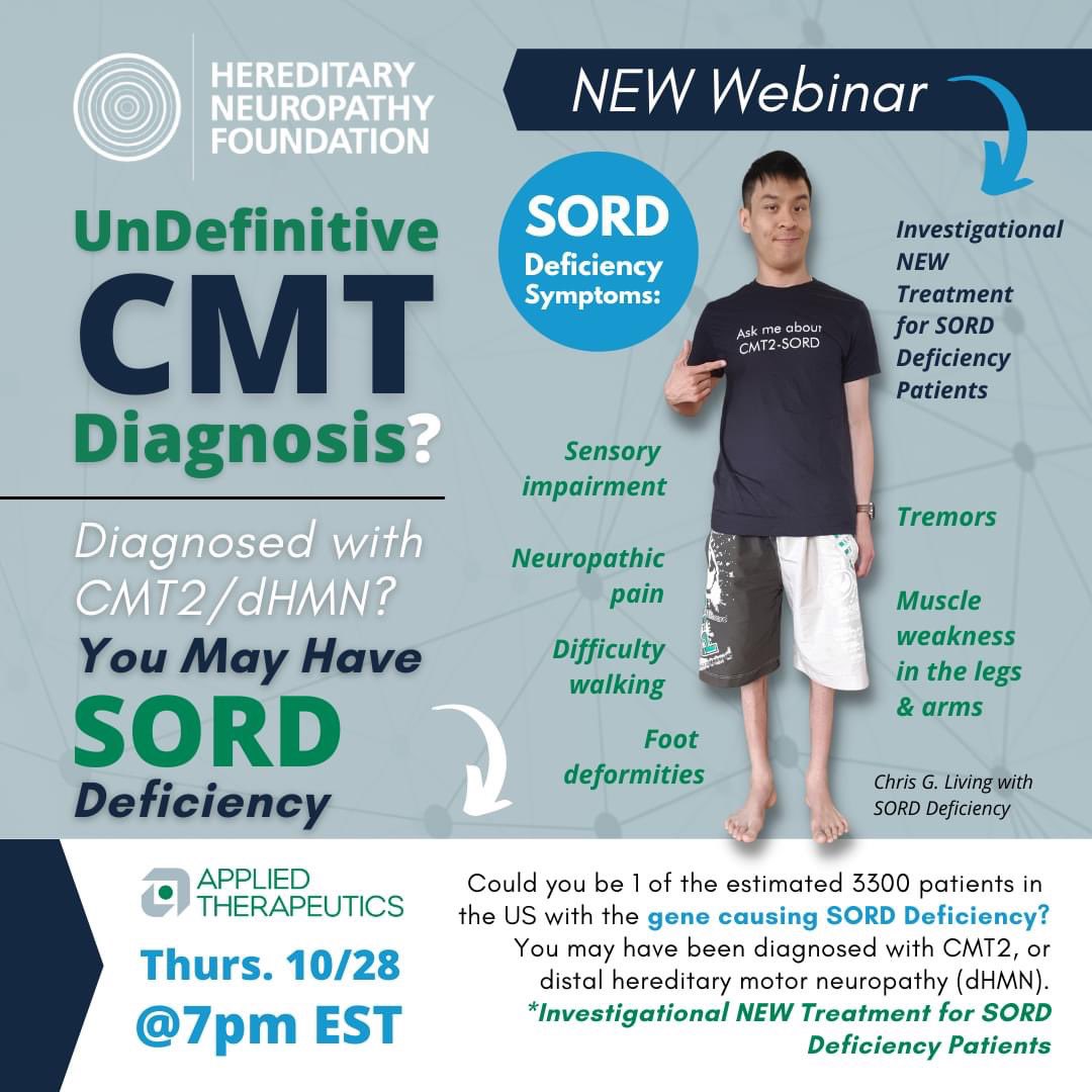 CMTNeuropathy's tweet photo. Could you be 1 of the estimated 3300 patients in the US with the gene causing SORD Deficiency? You may have been diagnosed with #CMT2, or distal hereditary motor neuropathy (#dHMN). Join us as we learn more about #SORDDeficiency: https://t.co/ymXqhpm5L3 https://t.co/DJhc3DDMAA