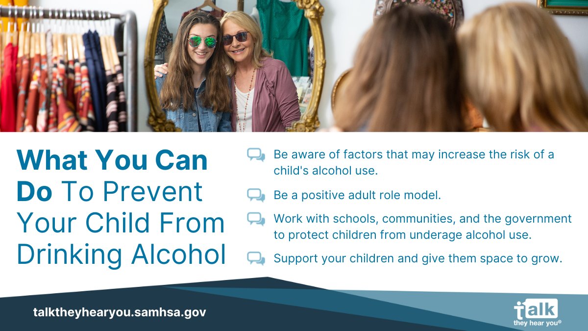 samhsagov's tweet photo. Parents, you are the #1️⃣ influence on your children’s decisions about #UnderageDrinking and other drug use.

This National Youth Substance Use #PreventionMonth, check out these #TalkTheyHearYou prevention tips 💡 to keep them safe. https://t.co/IQppJ5KjEQ https://t.co/Rqn14s7ziM