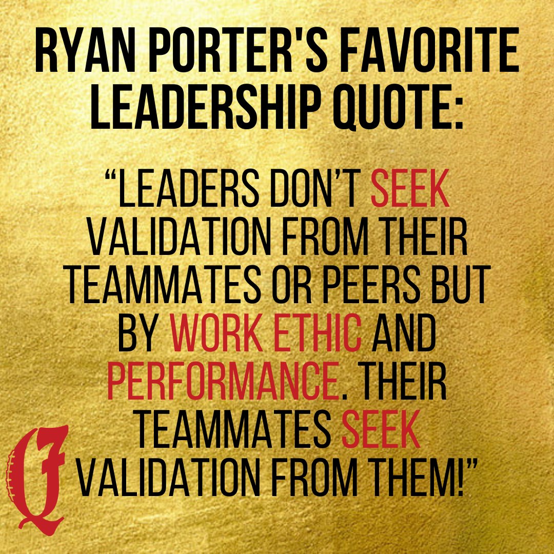 _quest7's tweet photo. A Q7 Football Camp &amp; Competition coach &amp; co-founder, @QBCoach_Porter, shares his favorite leadership quote:

“Leaders don’t seek validation from their teammates or peers but by work ethic and performance.  Their teammates seek validation from them!”

#QuestFor7 #Leadership https://t.co/O3Qqhmg9Bg