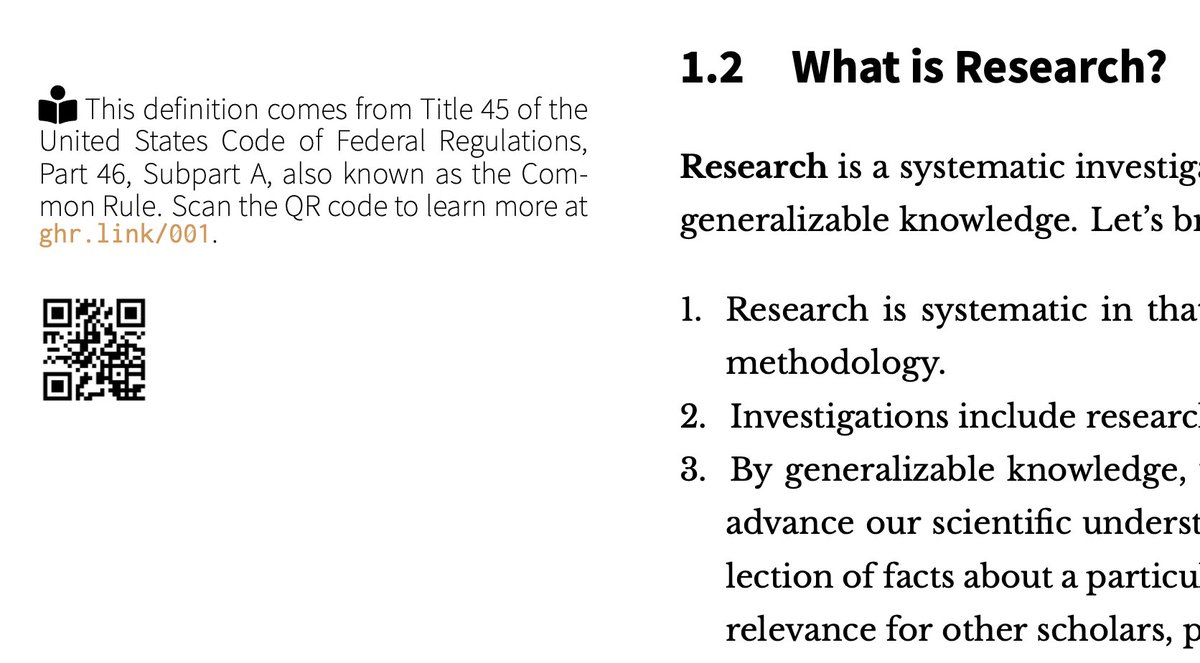 ericpgreen's tweet image. Anyone want to talk me out of QR codes in a print book (tufte margin notes)? Leaning toward also printing the short URL.
(Online version omits QR code and simply hyperlinks. Thank goodness for eval=knitr::is_latex_output() in #rstats #bookdown.)