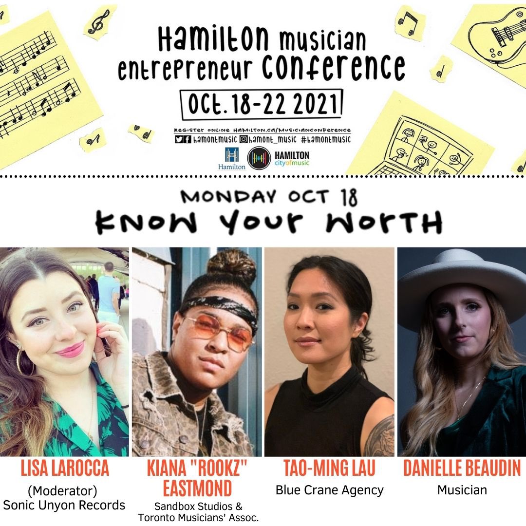 THANK YOU so much to today’s Musician Conference speakers:
Kiana ‘Rookz’ of <a href="/SandboxStudios_/">Sandbox Studios</a> 
Tao-Ming of Blue Crane Agency
Danielle of <a href="/RedhillValleys/">The Redhill Valleys</a> 
<a href="/Lisa_LaRocca/">Lisa</a> of <a href="/sonicunyon/">Sonic Unyon Records</a> 
Excellent conversation &amp; information about Know Your Worth. #HamOntMusic #SmallBusinessWeek 🙏 🙏
