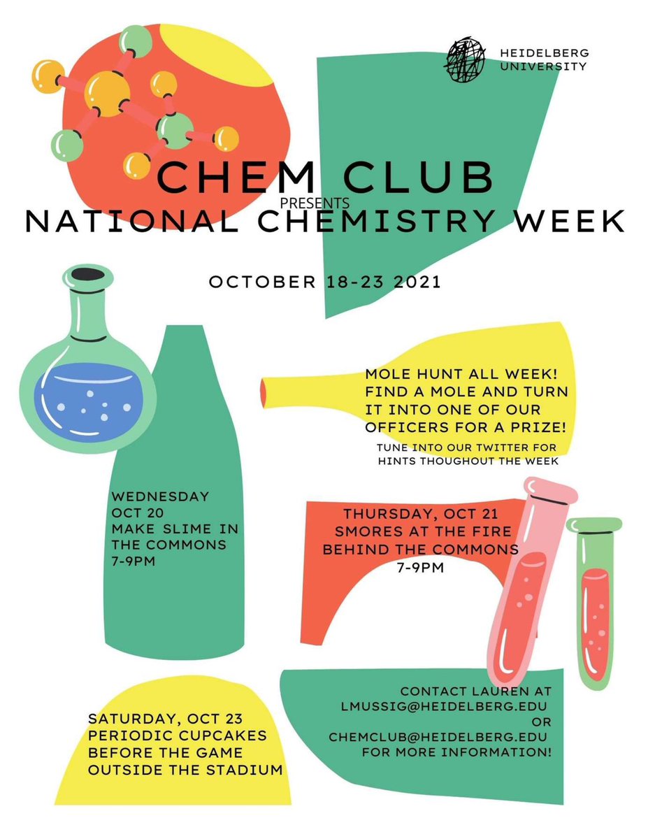Join us in celebrating National Chemistry Week on Wednesday when we make slime in the Commons! Excited to see everyone there. And don’t forget to keep searching campus for moles 😉