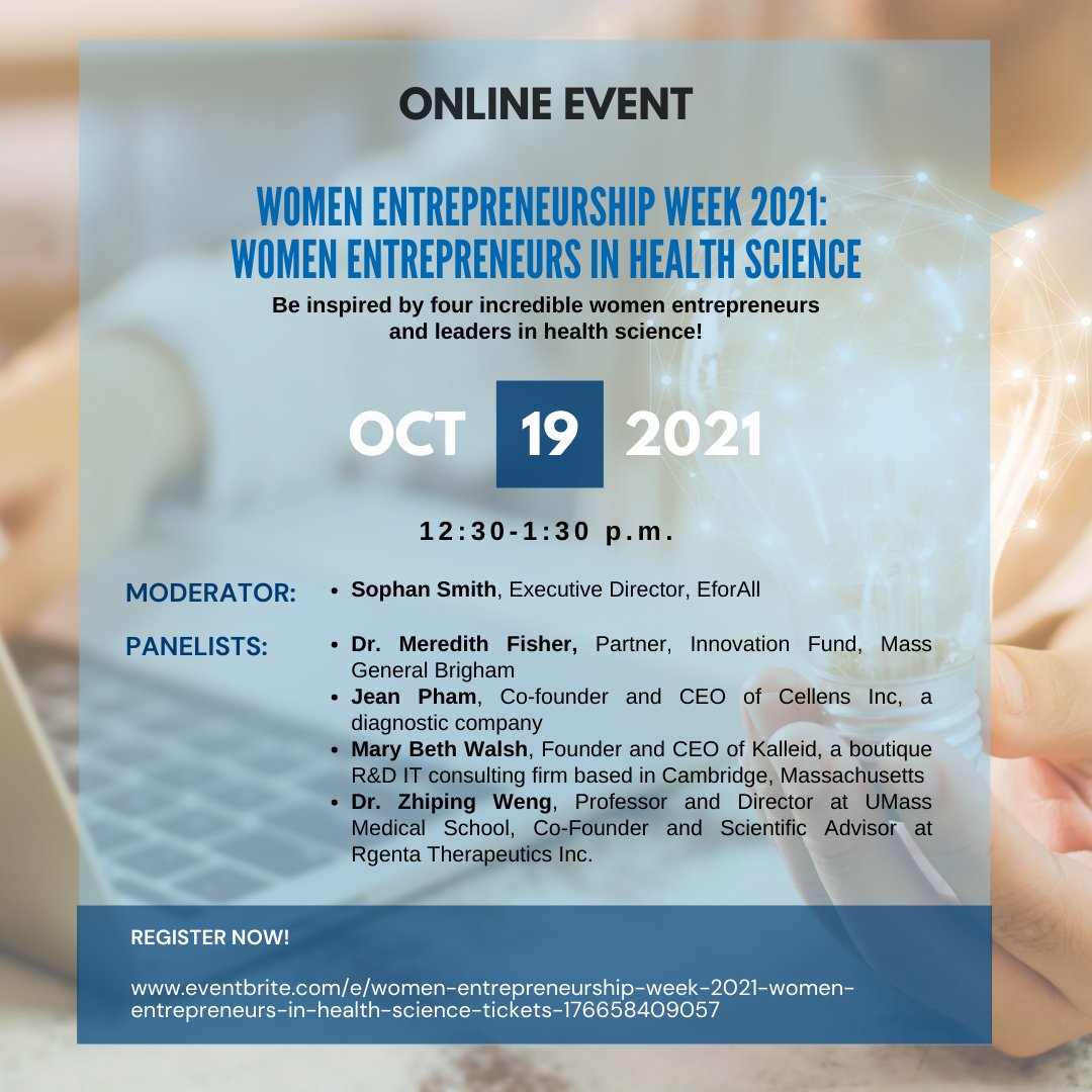 The Wilson Center at UMass Lowell is proud to co-host this wonderful event alongside the Derby Entrepreneurship Center at Tufts!

The objective of this event is to highlight the work of #women leaders and #entrepreneurs in #healthcare.

Register Here: lnkd.in/d6pngTkQ