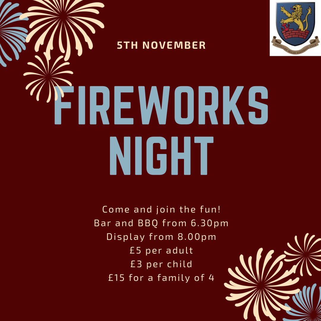 FIREWORKS NIGHT 🥳

Join us on Friday 5th November for some fireworks and more fun at the Club! 🙌

Head to the bar for tickets 👉

Should be a top evening, being the first one at the new clubhouse, bar open and plenty of extras for all the family 👏

#WRFC #oneclub
