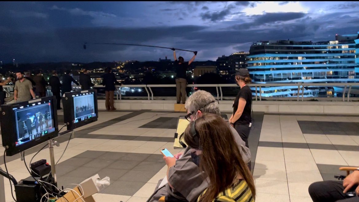 DavidHMandel's tweet photo. #videovillage on the upper terrace of the @kennedycenter with views of the #watergate and a crazy lightning storm. #behindthescenes #whitehouseplumbers @hbo https://t.co/JtWNMUgeBT