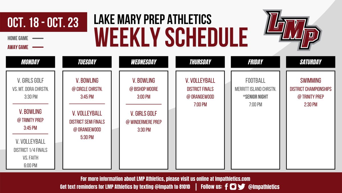LMPathletics's tweet photo. Happy Monday Griffins! Here’s a look at this week’s LMP Athletics schedule. #onelmp https://t.co/cy2XV8mvtt