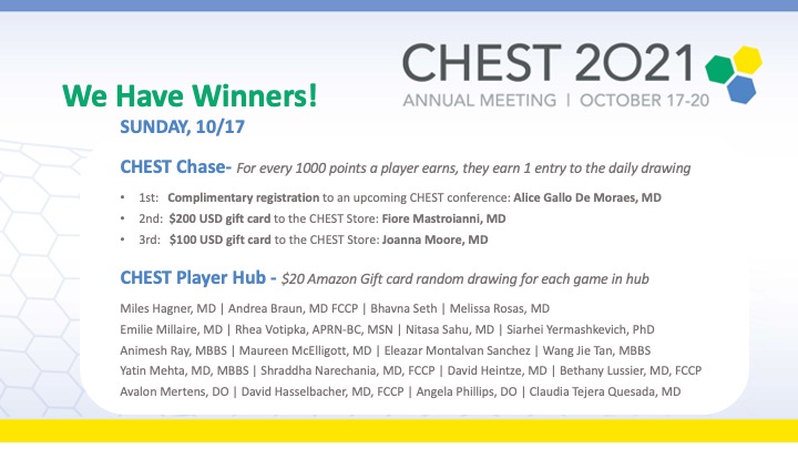 You can be a winner in more than one way when you participate in the CHEST Player Hub and CHEST Chase daily race. Announcing Sunday's winners. It's never too late to start. hubs.ly/H0ZBSjq0 #CHESTGames #CHEST2021