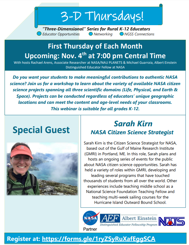 ArensRachael's tweet photo. Educators! Sign up for 3D Thursday on Nov 4th 7pm CT to learn about the variety of available NASA citizen science projects spanning all three scientific domains (Life, Physical, and Earth &amp; Space). All grade levels welcome! Register: https://t.co/8uoP3ftBx1
@AEF_Program #rural https://t.co/6p5Jvd31UE